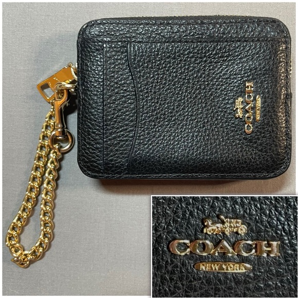 Coach Handbags - Coach Zip Card Case Wallet w/ Chain; Black Pebbled Leather with Gold Hardware